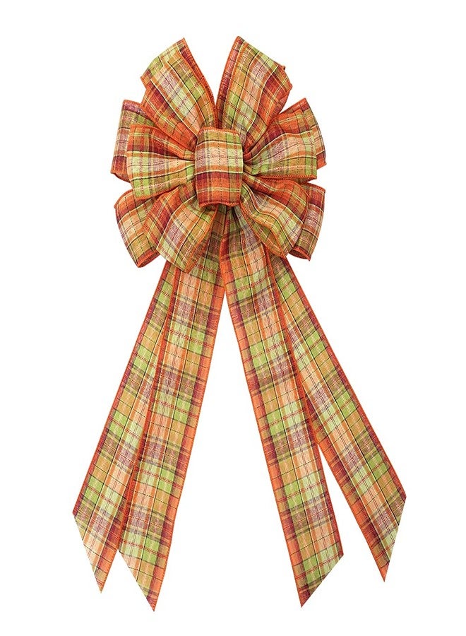 ABTOLS Large Fall Bow Wreath Autumn Thanksgiving Yellow Orange Plaid Bows for Farmhouse Wreath Indoor Outdoor Holiday Party Door Wall Decoration - Image 1
